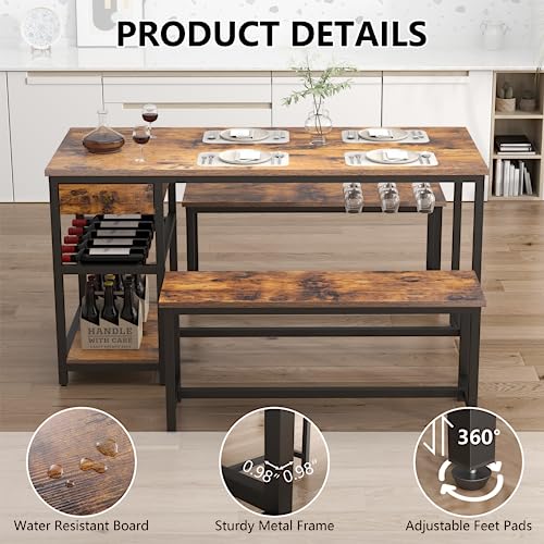 Dining Table Set for 4-6 People, 54.7" Kitchen Dinner Table with 2 Bench, Dining Room Tables Set with Storage Drawer & Shelf, 3-Piece Breakfast Nook Tables with Wine Rack &Glass Holder (Rustic) Gyfimoie