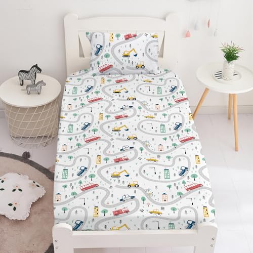 Yasida Car Sheet Sets for Kids Cute Cartoon Truck Bed Queen Size Fitted Sheets Boys 3D Plants Print Bedding Set Soft Microfiber Bedroom Decor(3pc) Yasida