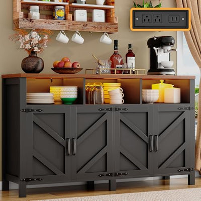 knoworld Buffet Sideboard with Storage with Power Outlets & LED Light 4 Doors, 55'' Large Farmhouse Kitchen Storage Cabinet Wood Coffee Bar Cabinet Buffet Table for Kitchen, Dining Room, Entryway