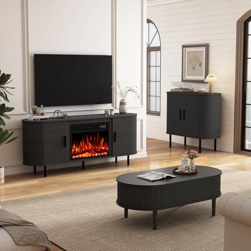 BREEZEHEAT 65'' Mid Century Modern Fluted TV Stand with 23" Fireplace, Curved Fireplace Entertainment Center for TVs Up to 75 Inches, Black Media Console Cabinet for Living Room BREEZEHEAT
