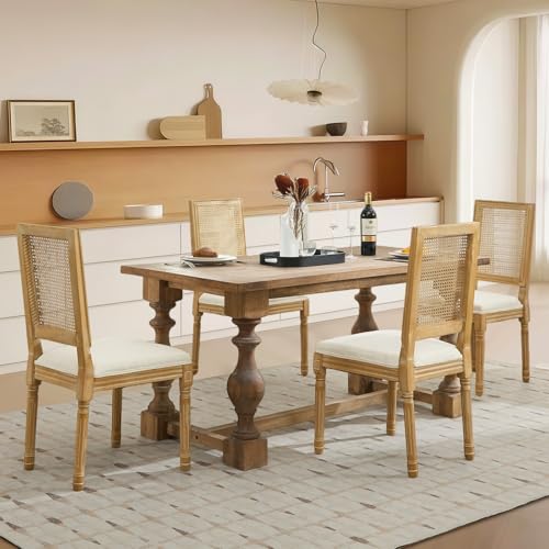 SoarFlash French Decor Chairs Set of 4, Louis Dining Chairs with Square Rattan Backrest, Exquisitely Carved Solid Wood Frame for Living Room, Kitchen, Restaurant, Beige SoarFlash