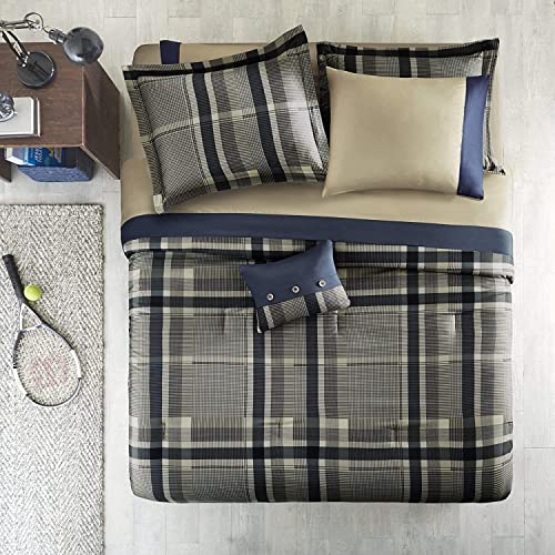 Intelligent Design Robbie 7-Piece Twin XL Comforter Set – Lightweight All-Season Plaid Bedding, Navy/Tan, Cozy Bed-in-a-Bag with Matching Shams & Decorative Pillow, Modern Casual Style Intelligent Design