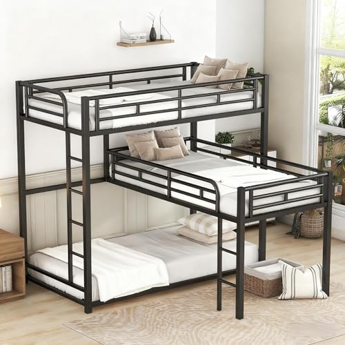 KMBOHE Twin Size L-Shaped Triple Bunk Bed with 3 Twin Beds, Space Saving Corner Design for Multiple Kids, Metal Frame with Built-in Ladder & Full-Length Guardrails, No Box Spring Needed, Black KMBOHE