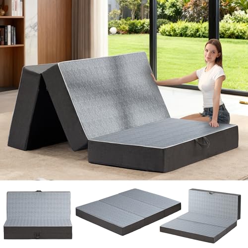 Tri Folding Mattress Twin Size - 6 Inch Dual-Layer Memory Foam Foldable Mattress Portable Futon Sofa Bed with Removable Washable Cover, Handle & Non-Slip Bottom for Guest, Camping, RV, Yoga, Home Use feliz home