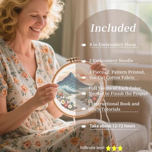 FONNUY Embroidery Kit for Beginners, Flower Hill Nature Landscape Pre-Stamped Pattern Kits for Adults with Hoop, Easy to Follow Color Thread Needlework, 8'' Hoop (Teal Blue)