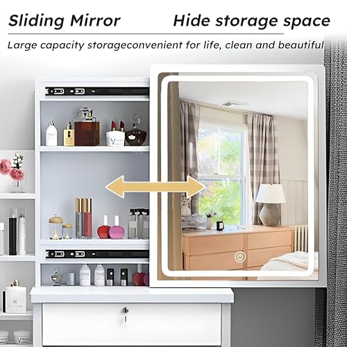 Makeup Vanity Desk with Mirror and Lights,Sliding Mirror & Drawers & Storage Shelves & Stool, Brightness Adjustable,3 Lighting Mode, for Bedroom,White Legendstone