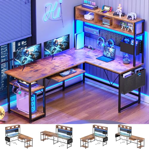 SEDETA L Shaped Gaming Desk with Hutch, 57.5” Reversible Corner Computer Desk with Storage Shelves, Gaming Desk with Pegboard, LED Lights, Power Outlet, Keyboard Tray (Rustic Brown) SEDETA