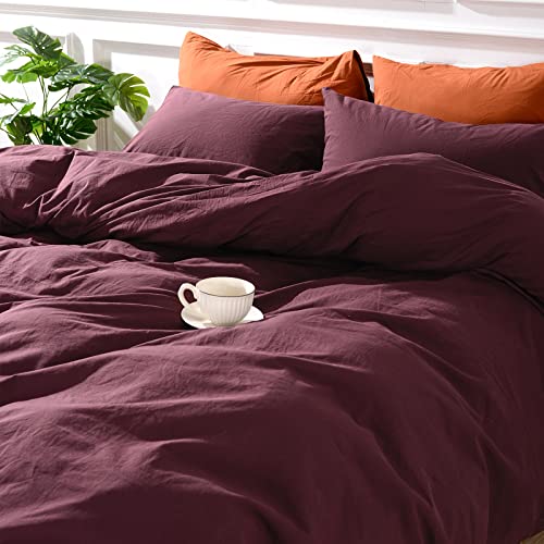 NEXHOME PRO Duvet Cover Set King Size Linen Look Textured Organic Natural 100% Washed Cotton Duvet Cover Burgundy Dark Red 3 Pieces Bedding Set with Zipper, Breathable, Soft (No Comforter) NEXHOME PRO