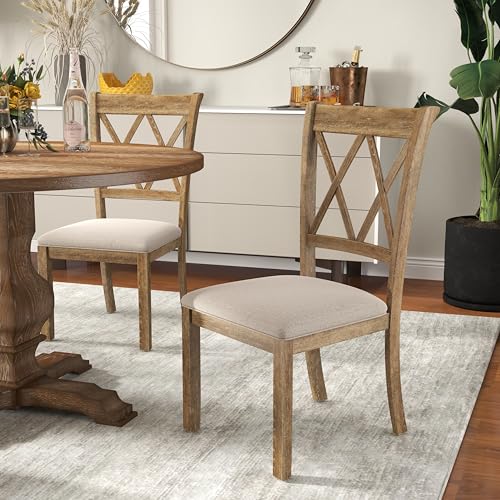 Roundhill Furniture Havre 5-Piece Dining Set, Pedestal Round Table with 4 Stylish Chairs, Oak Roundhill Furniture