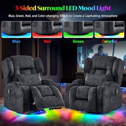 Power Swivel Rocker Recliner Chair for Adults, Dual-Motor Power Recliner with Independent Back & Footrest, Massage & Heat, 3-Sided Lights, USB, Cup Holder, Glider Rocking Chair for Living Room, Gray
