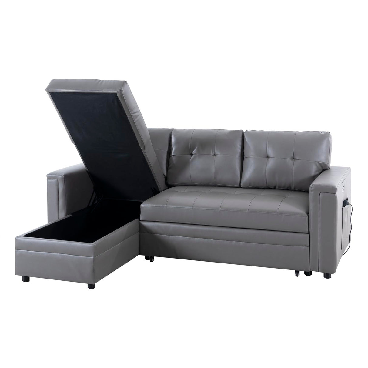 Naomi Home L-Shaped Sectional Sleeper Sofa with USB Ports - Convertible Pull-Out Bed, Ample Storage, Timeless Design, Durable Construction, Gray/Air Leather Naomi Home