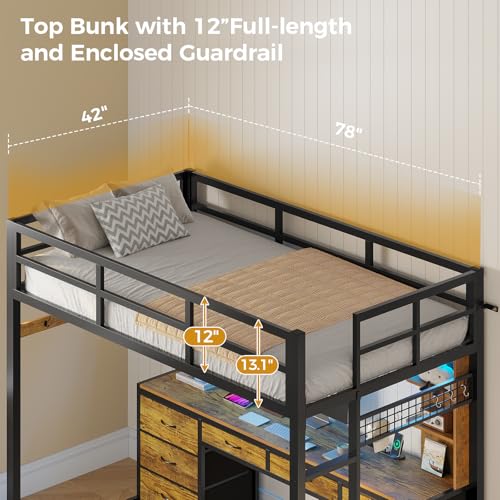 ADORNEVE Twin Loft Bed with Desk and 8 Storage Drawers, Metal Loft Beds Twin with LED Lights & Charging Sation, Storage Shelves & Clothes Rail, Full-Length Guardrail,Rustic Brown ADORNEVE