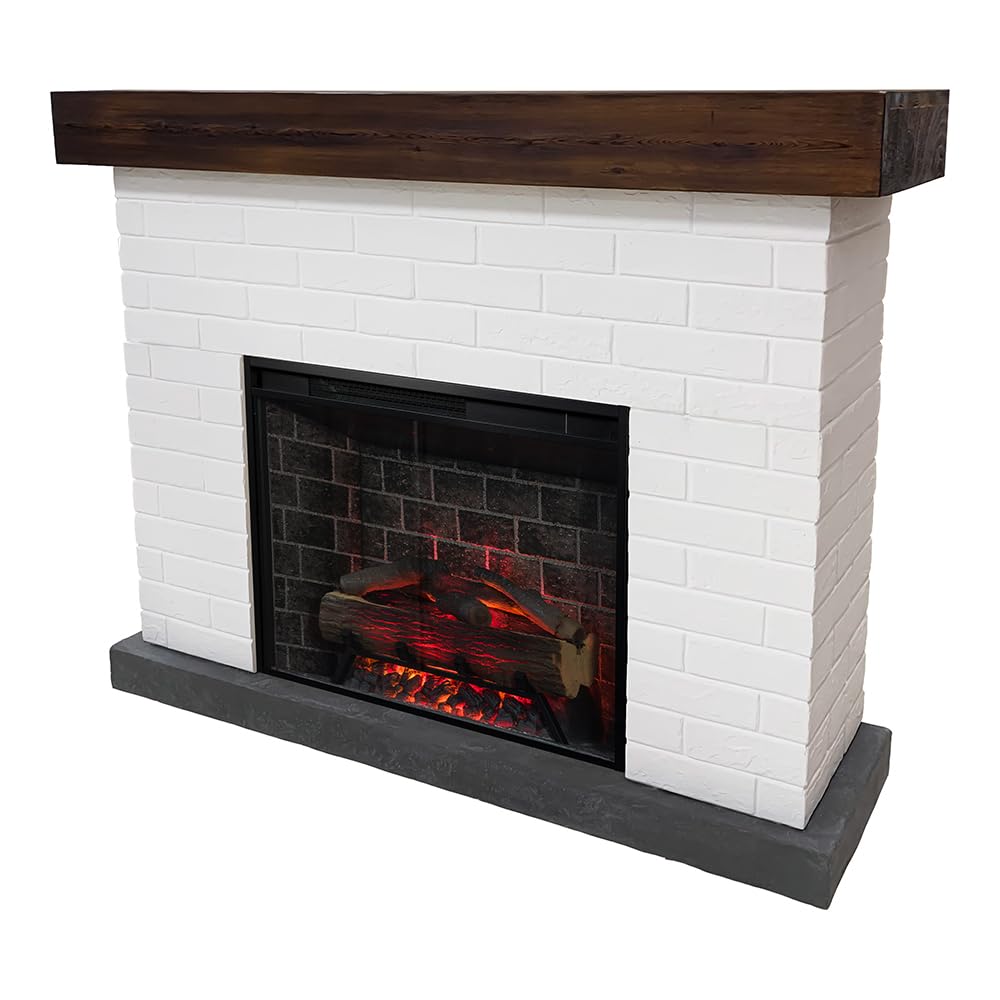 Country Living Jackson 55 Inch Mantel Package | Wood Mantel with White Brick Surround | 28 Inch Smart Electric Fireplace Insert w/Remote | Alexa & Google Compatible | Multi-Color LED Flames | 1500W Country Living