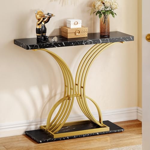 YITAHOME Gold Console Table, Modern Sofa Table for Living Room, Hallway, 40 inch Narrow Entryway Table, Faux Marble Black YITAHOME