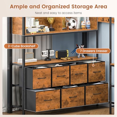 MSmask Full Size Loft Bed with 7 Storage Drawers, Large 2-Cube Bookshelf, L Desk & Charging Station, Metal Loft Bed with LED Lights & Open Shelf, Bed with Safety Guardrail & Ladders, Rustic Brown MSmask