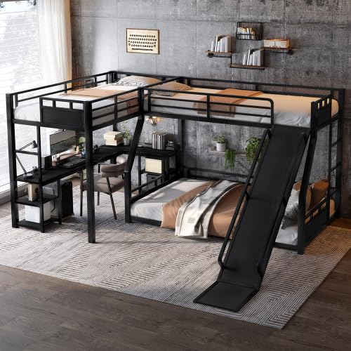 Bellemave L-Shaped Triple Bunk Bed Twin Over Full with Slide, Desk & Shelves, Metal Floor Bunk Beds with 2 Ladders & Guardrails for Kids Teens, Black Bellemave