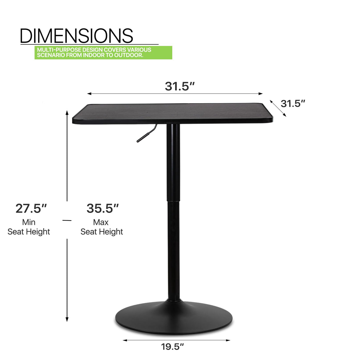 Magshion 31.5" Square Pub Table Height Adjustable 27.6"-36" Cocktail Table with Metal Base MDF Top Non-Rotatable for Dining Bistro Café Home Bar, Black Magshion