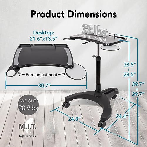 EHO Mobile Laptop Standing Desk Carts on Wheels with Stationery Storage, Pneumatic, Height Adjustable Rolling Stand, Sit to Stand Computer Cart, Workstation for Home, Office, Medical and School EHO