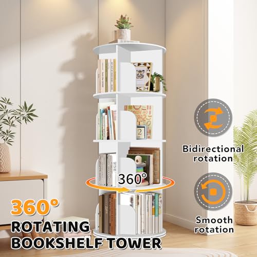 RUNSUNSPRI 4 Tier Rotating Bookshelf Tower, Spinning Bookshelf, Revolving 360° Bookcase Storage Round Carousel, Vertical Rotate Turning Spiral Corner Organizer Lazy Susan, White RUNSUNSPRI