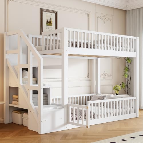 Wooden Twin over Twin Bunk Bed with Storage Stairs and Slats Support for Kids Teens, Floor Bunk Bed with Door and Full-Length Guardrails for Boys Girls, Space Saving, No Box Spring Needed, White MERITLINE