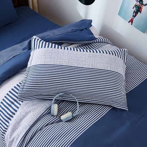 Cottolester Twin Size Comforter Navy Blue Striped Comforters for Boys&Girls,7 Pieces Bed in A Bag Simple Neutral-Style Bedding Sets for Kids Teen Cottolester
