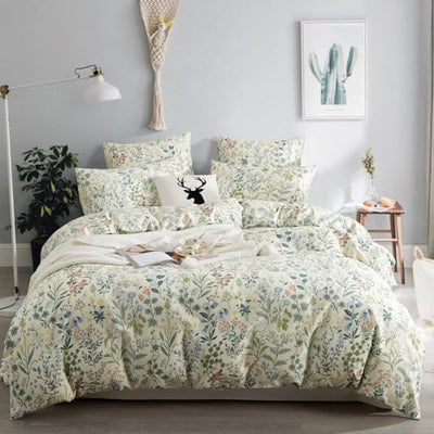 Sedefen Floral Duvet Cover Full Size Boho Aesthetic Green Botanical Bedding Set with Colorful Flower Print Pattern 3 Pcs Soft Microfiber Comforter Cover with Zipper Ties Garden Style