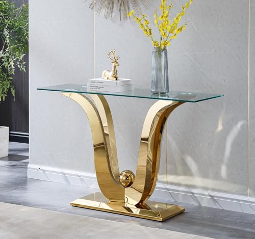 47" Glass Console Table, Long Narrow Tempered Glass Sofa Tables with Double U-Shaped Mirrored Stainless Steel Base, 47 inch Modern Console Tables Luxury Gold Entryway Table for Hallway, Living Room Kootlena