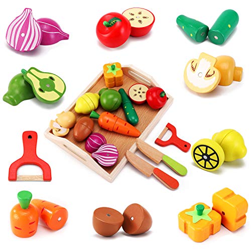 CARLORBO Wooden Toys Food for Kids Kitchen - Play Food Cutting Fruits and Vegetables Set for Pretend Role Play CARLORBO