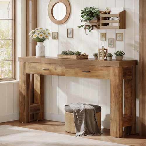 Tribesigns 63" Farmhouse Console Table with Drawers, Sofa Entryway Table for Hallway, Living Room, Countryside Narrow Console Furniture, Brown Tribesigns