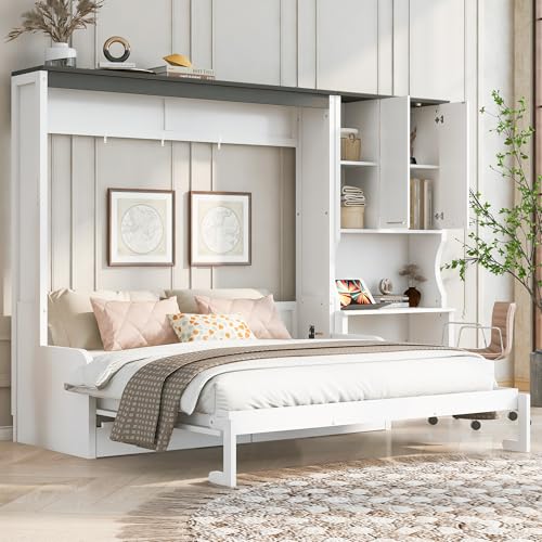 Murphy Bed with Sofa, 3-in-1 Space Saving Wall Bed with Built-in Fold-Out Desk, Storage Cabinet, and Comfortable Cushions (Queen Size) QVUUOU