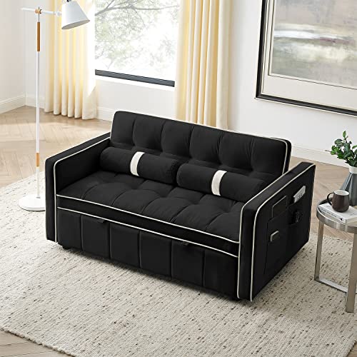 3 in 1 Sleeper Sofa Couch Bed, Small Tufted Velvet Convertible Loveseat Futon Sofa w/Pullout Bed, Adjustable Backrest, Cylinder Pillows for Living Room Apartment, Easy to Assemble, Black, 55.5" Antetek