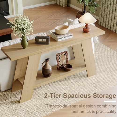 Treocho 63 Inch Long Console Tables for Entryway, 2-Tier Modern Wood Sofa Table with Shelf Behind Couch, Contemporary Narrow Entryway Table for Living Room, Hallway, Entrance, Hallway, Entrance, Oak Treocho
