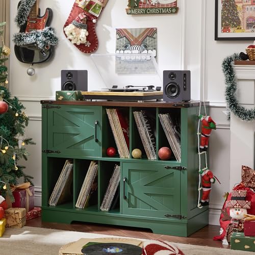 Joaxswe Large Record Player Stand with Vinyl Storage Up to 450 Albums, 39 Inch Farmhouse Wood Green Vinyl Records Storage Cabinet with Barn Doors, Mid-Century Accent Turntable Stand for Living Room Joaxswe