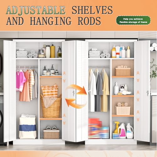 Greenvelly Metal Wardrobe Cabinet with Locking Doors, 72" H x 36" W White Metal Wardrobe Closet Cabinet with Hanging Rods and Adjustable Shelves, Steel Storage Closet for Home, Office, Employee, Gym Greenvelly