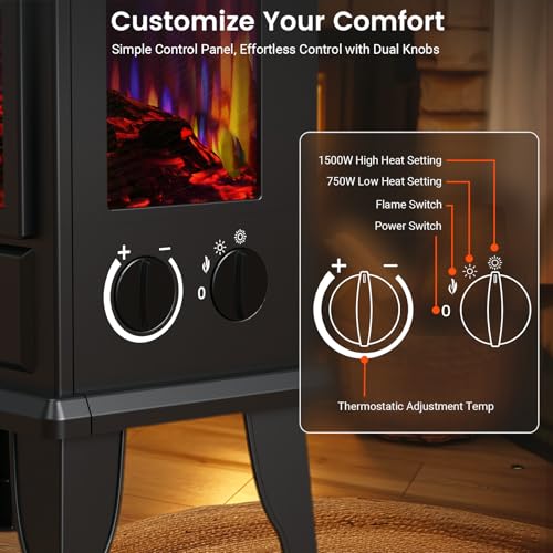 BLITZHOME Electric Fireplace Heater 18'', 3D Realistic Flame, Thermostat Control, 2 Heating Mode 750/1500W, Safety Protection, Freestanding Portable Fire Places Stove for Home Indoor, Small Space BLITZHOME
