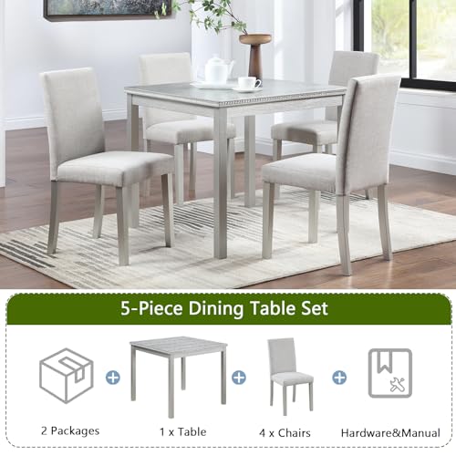 Ball & Cast 5 Piece Dining Table Set,Kitchen Table Set for 4 W/ 34.5" Square Wooden Dining Table,Living Room Furniture W/ 4 Upholstered Chairs,for Dining Room,Kitchen,Restaurant,Silver Gray Ball & Cast