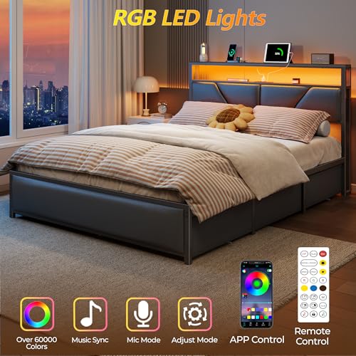 OURPIC Queen Bed Frame, 2-Tier Storage Headboard & 6 Drawers, PU Leather Upholstered Queen Size Platform Bed with Charging Station and LED Lights, No Box Spring Needed, Noise Free OURPIC