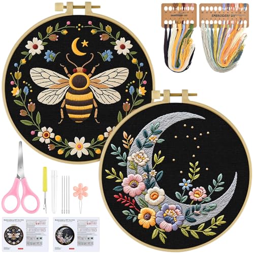 ERKOON Embroidery Kit for Beginners, 2 Set Flower Cross Stitch Set Include Embroidery Cloth Hoops Threads for Craft Lover Hand Stitch with Embroidery Skill Techniques (Bee Moon)