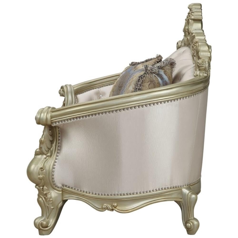 Acme Gorsedd Loveseat with 4 Pillows in Cream Fabric and Golden Ivory Acme