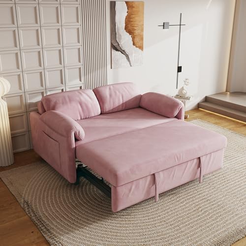 Anwick Modern Velvet 3 in 1 Sleeper Sofa Bed,Convertible Folding Futon Sofa Pull Out Couch Bed with 3 Reclining Backrests,Pillows,54" Small Love Seat for Compact Living Room Office (Pink, 54") Anwick