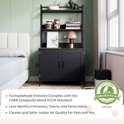 Cozy Castle Litter Box Enclosure with 2 Storage Shelves and 2 Doors, Hidden Cat Litter Box Enclosure Furniture with Shelf, Indoor Cat House Furniture for Most of Litter Box, Black Cozy Castle