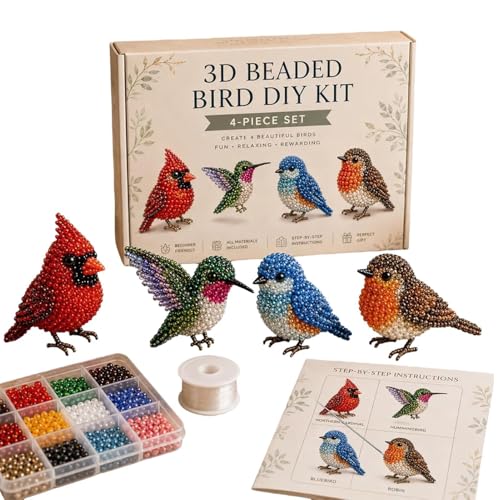 DIY 3D Animal Bead Embroidery Kit, 4pcs Bird Beading Crafts with Instructions, Cute Bead Art Handmade Bird Gift for Beginners & Craft Enthusiasts