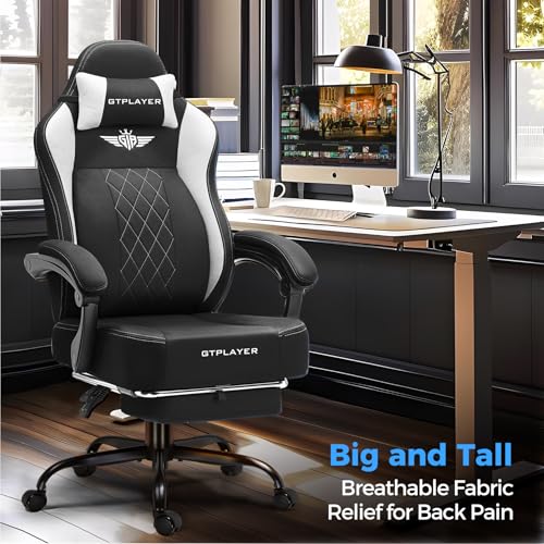 GTPLAYER Big and Tall Gaming Chair Breathable Fabric Computer Chair with Strong Lumbar Support, Comfortable Office Chairs with Pocket Spring Cushion, High Back Ergonomic Desk Chairs with Footrest GTPLAYER