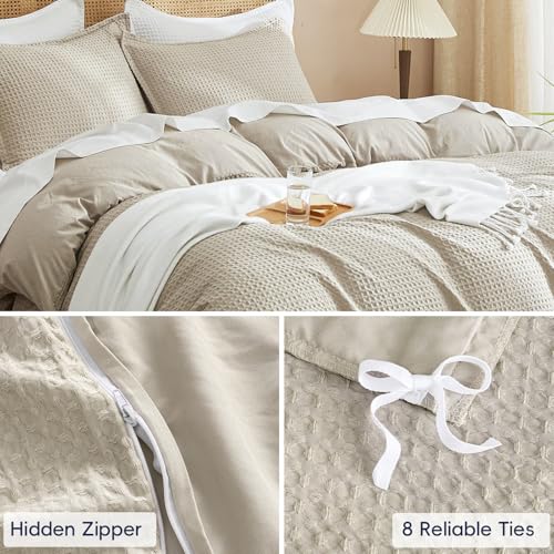 PHF Waffle Weave Duvet Cover Set King Size, No Snagging Ultra Soft Luxury Textured Breathable Comforter Cover for All Season 3pcs, Durable Bedding Duvet Set with 2 Pillow Shams, 104"x90", Linen PHF