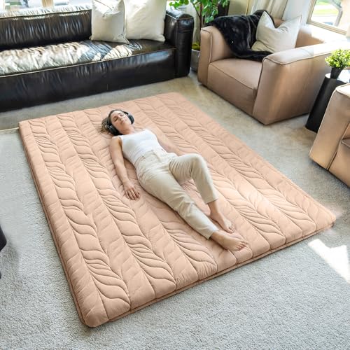 ZonLi Japanese Floor Mattress Futon Mattress Queen Size, Thicken Roll Up Tatami Mat w/ 100% Cotton Washable Cover, Portable & Foldable Floor Bed Mattress for Sleeping, Dormitory, Adult Kids, Coffee ZonLi