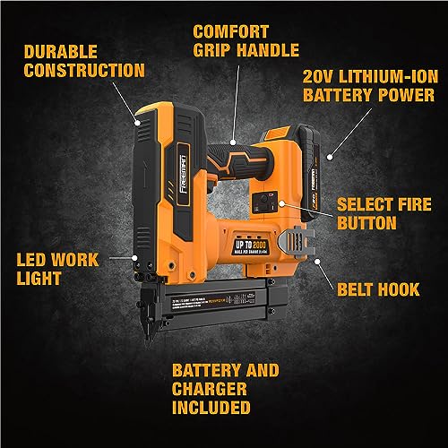 Freeman PE20VP23138 20 Volt Cordless 23-Gauge 1-3/8" Pin Nailer Kit with Lithium Ion Battery, Charger, Bag, and Nails (1000 Count) – 2000 Shots per Charge Freeman