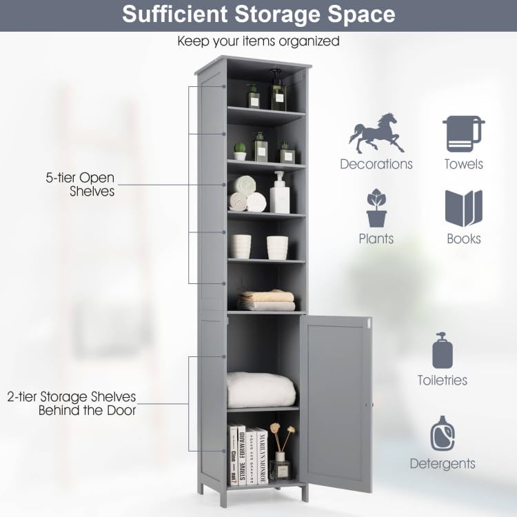 WATERJOY 72'' Grey Tall Storage Cabinet with Adjustable Shelves and Soft-Close Door WATERJOY