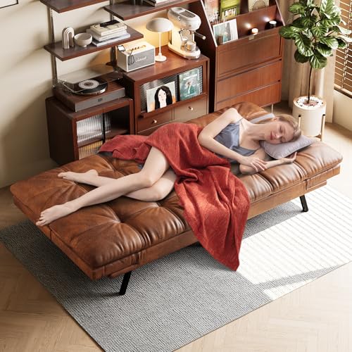 Opoiar 71" L Covertible Futon Sofa Bed,Faux Leather Futon Couch, Memory Foam Modern Loveseat Sleeper, Small Splitback Sofa Couches for Living Room,RV,Home Office,Apartment,Brown Opoiar