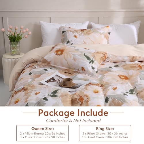LONAVA Queen Flower 3 Pcs Duvet Cover Set, Breathable Soft Microfiber Biege Lining Comforter Cover with Zipper Closure, and 2 Anti-Pilling, Fade Resistant Pillowcases, Golden Flower LONAVA