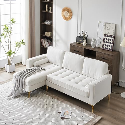 Karl home L-Shape Sectional Sofa Linen Fabric Sofa Couch Living Room Futon Couch with Reversible Chaise, Lattice Decored Seat Cushion, Beige Karl home